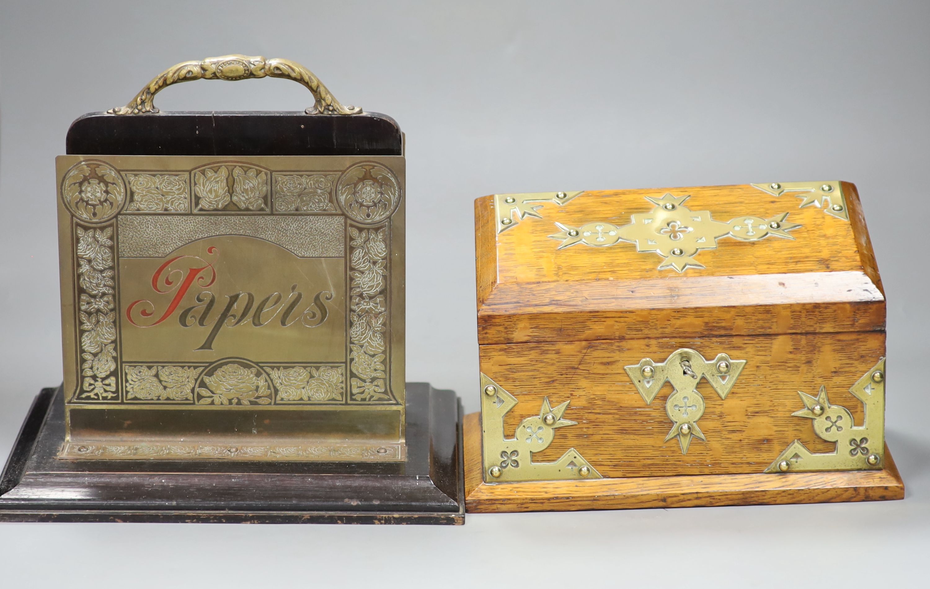 A Victorian oak and brass mounted stationary box and an early 20th century brass and oak Papers stand